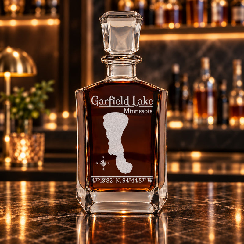 Garfield Lake Minnesota Classic engraved six-sided whiskey decanter - decanter alone