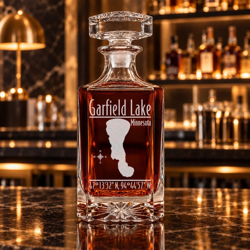 Garfield Lake Minnesota Modern engraved square whiskey decanter - decanter alone