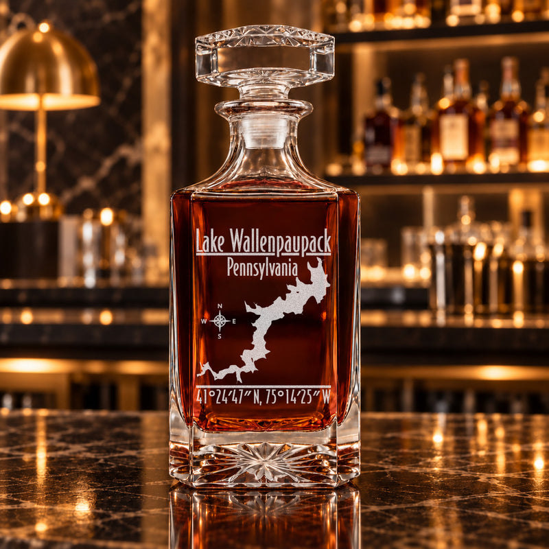 Lake Wallenpaupack Pennsylvania Modern engraved square whiskey decanter - decanter alone