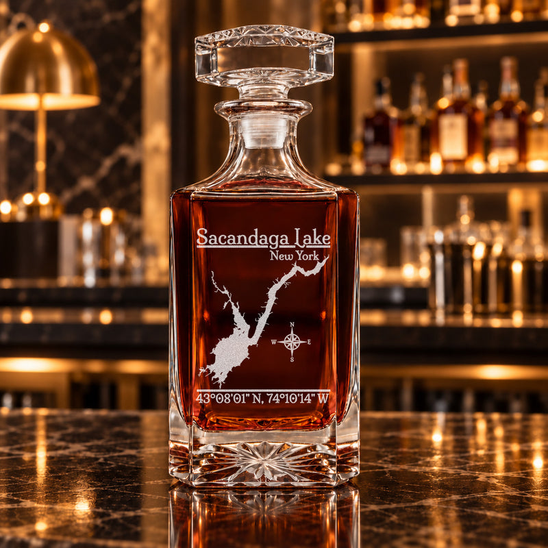 Sacandaga Lake New York Classic engraved square whiskey decanter - decanter alone