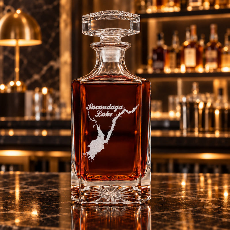 Sacandaga Lake New York Minimalist engraved square whiskey decanter - decanter alone