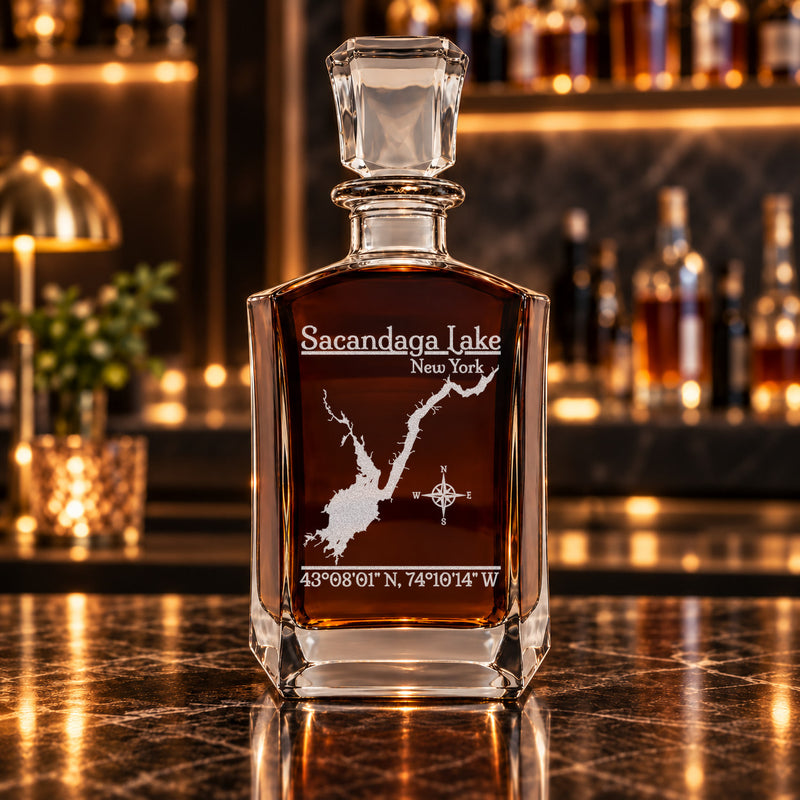 Sacandaga Lake New York Classic engraved six-sided whiskey decanter - decanter alone