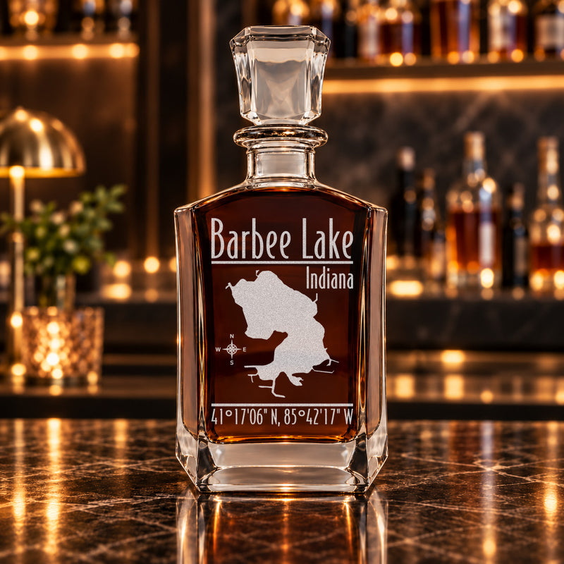 Barbee Lake Indiana Modern engraved six-sided whiskey decanter - decanter alone