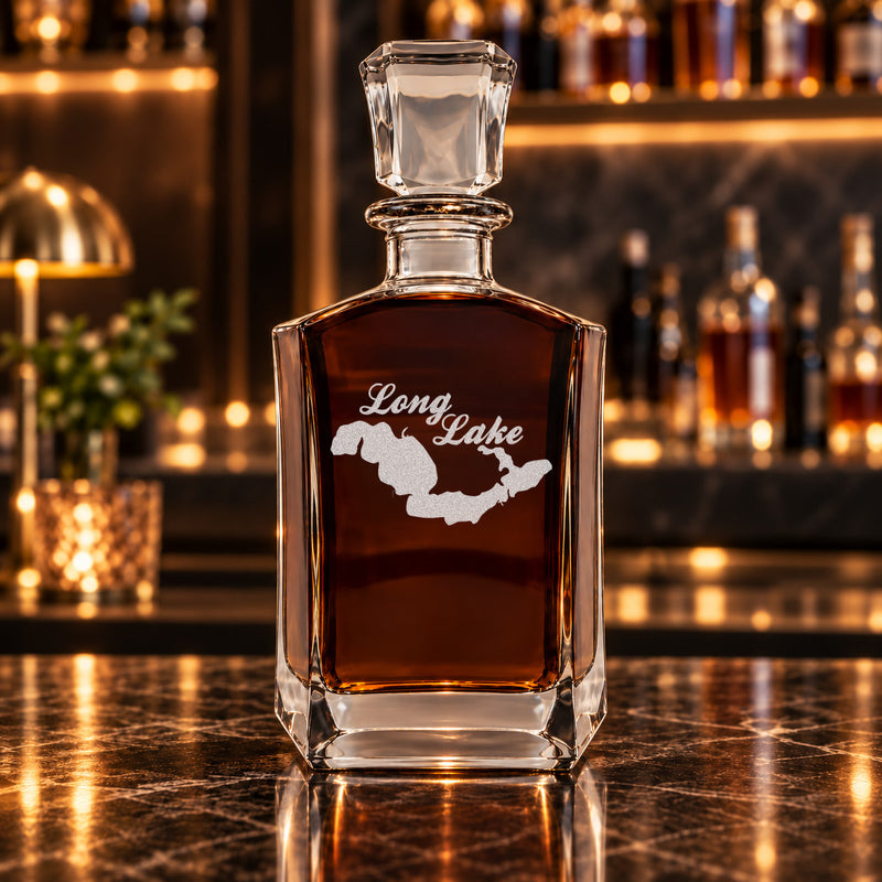 Long Lake Michigan Minimalist engraved six-sided whiskey decanter - decanter alone