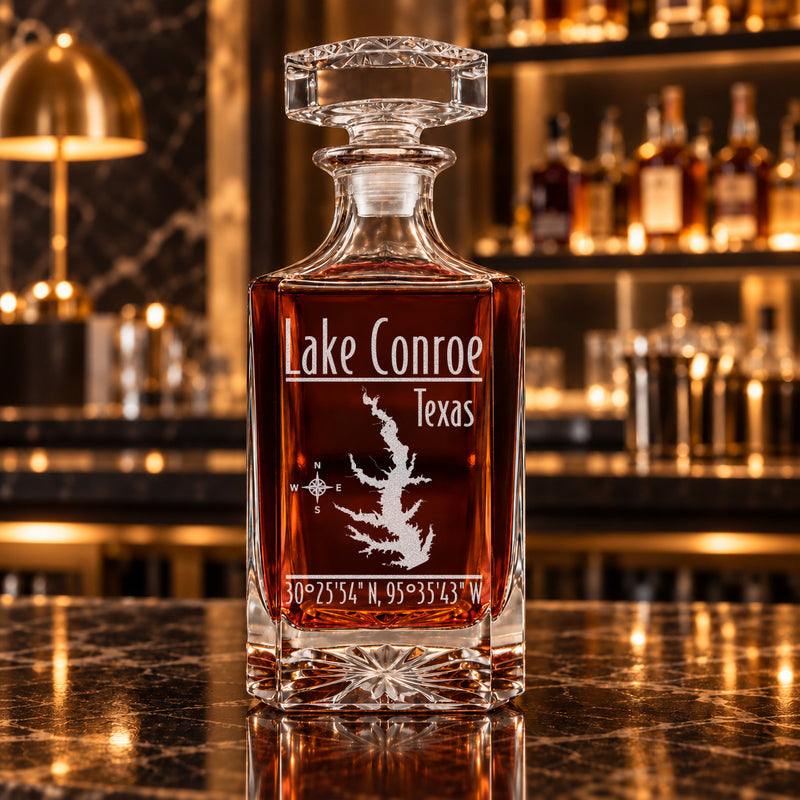 Lake Conroe Texas Modern engraved square whiskey decanter - decanter alone