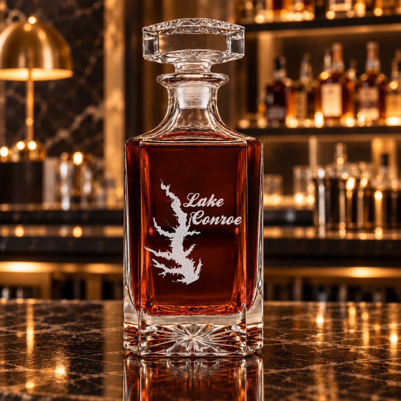 Lake Conroe Texas Minimalist engraved square whiskey decanter - decanter alone