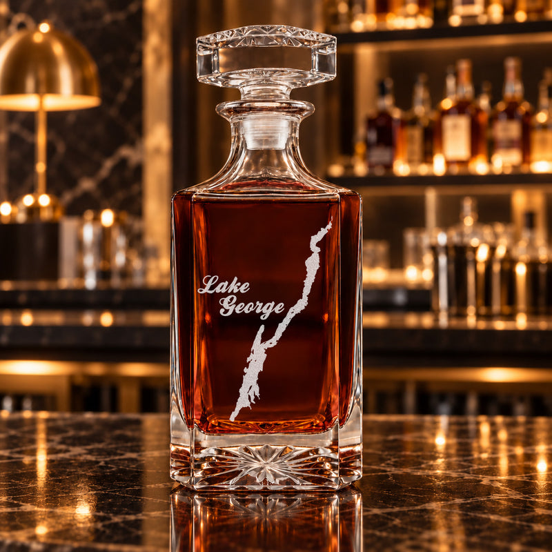 Lake George New York Minimalist engraved square whiskey decanter - decanter alone
