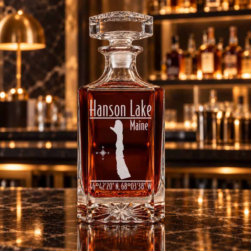 Hanson Lake Maine Modern engraved square whiskey decanter - decanter alone