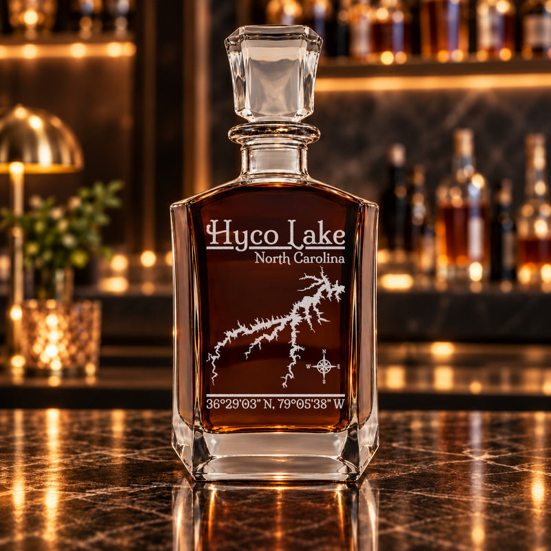 Hyco Lake North Carolina Classic engraved six-sided whiskey decanter - decanter alone