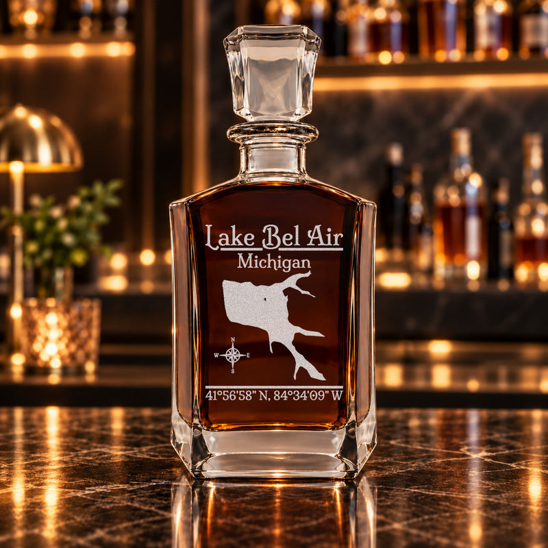 Lake Bel Air Michigan Classic engraved six-sided whiskey decanter - decanter alone
