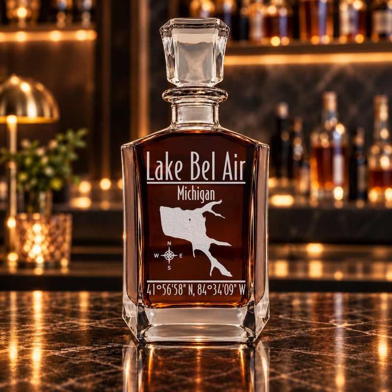 Lake Bel Air Michigan Modern engraved six-sided whiskey decanter - decanter alone