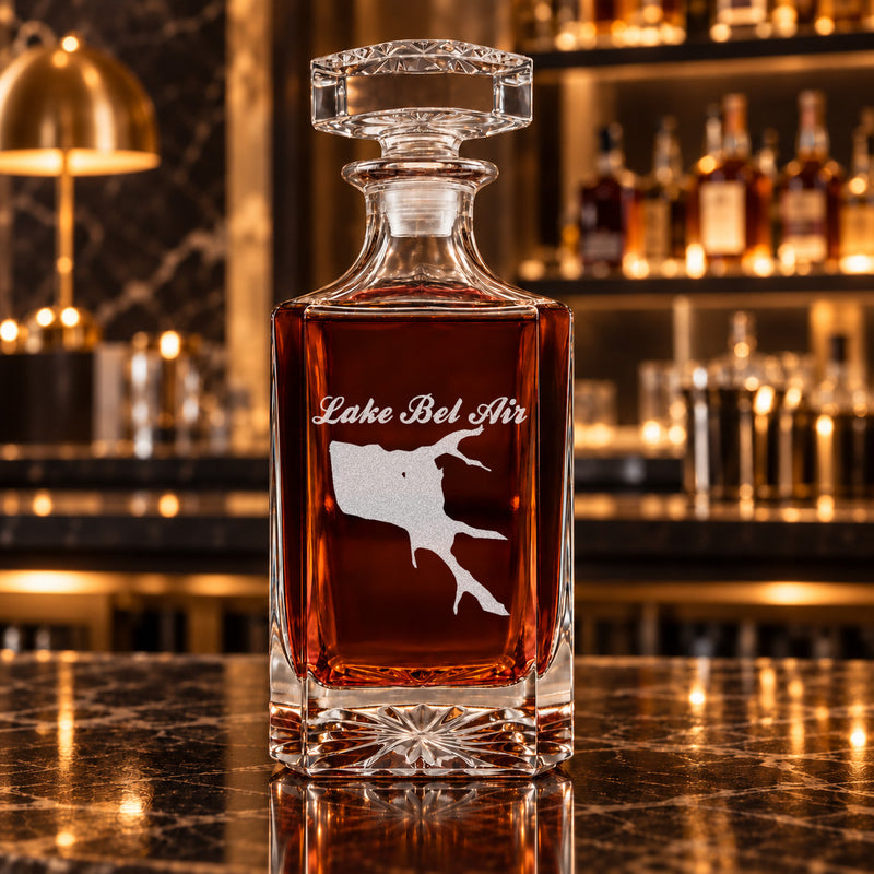 Lake Bel Air Michigan Minimalist engraved square whiskey decanter - decanter alone