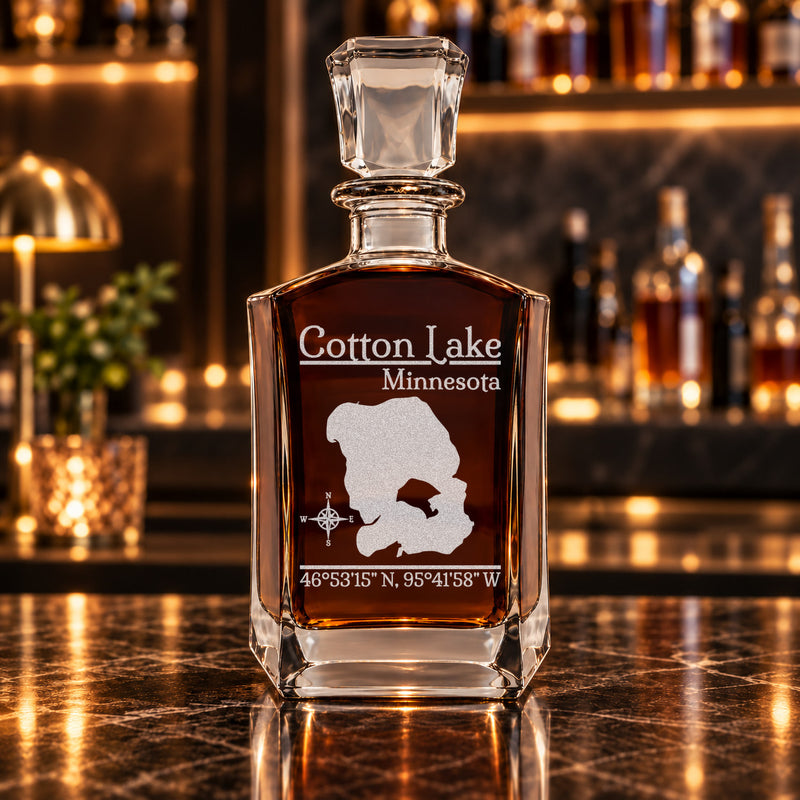 Cotton Lake Minnesota Classic engraved six-sided whiskey decanter - decanter alone