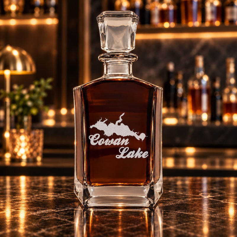 Cowan Lake Ohio Minimalist engraved six-sided whiskey decanter - decanter alone
