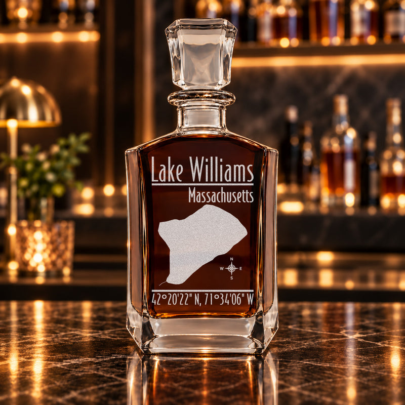 Lake Williams Massachusetts Modern engraved six-sided whiskey decanter - decanter alone