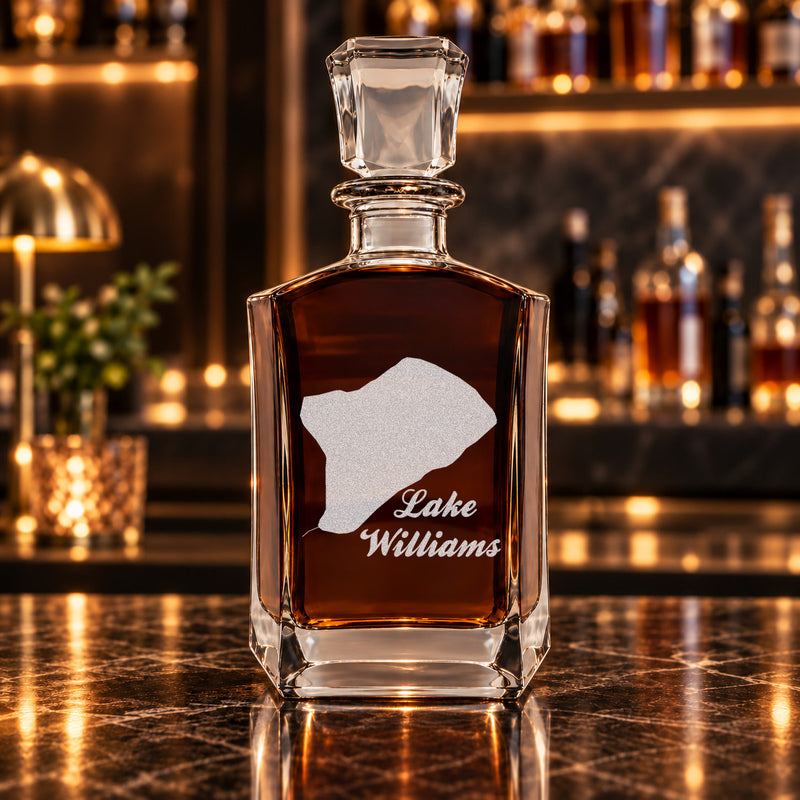 Lake Williams Massachusetts Minimalist engraved six-sided whiskey decanter - decanter alone