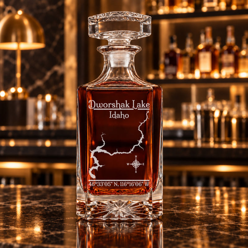 Dworshak Lake Idaho Classic engraved square whiskey decanter - decanter alone