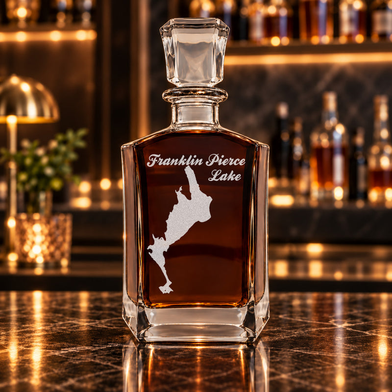 Franklin Pierce Lake New Hampshire Minimalist engraved six-sided whiskey decanter - decanter alone