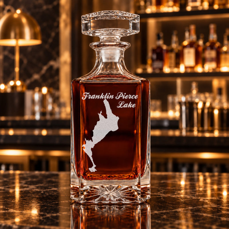 Franklin Pierce Lake New Hampshire Minimalist engraved square whiskey decanter - decanter alone