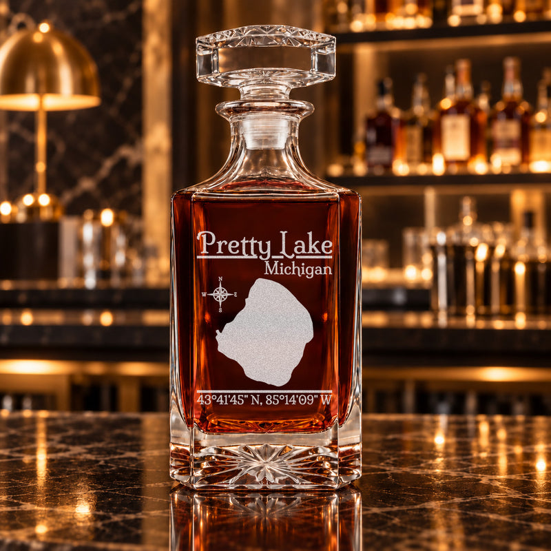 Pretty Lake Michigan Classic engraved square whiskey decanter - decanter alone