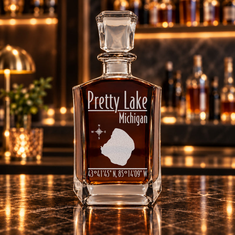 Pretty Lake Michigan Modern engraved six-sided whiskey decanter - decanter alone
