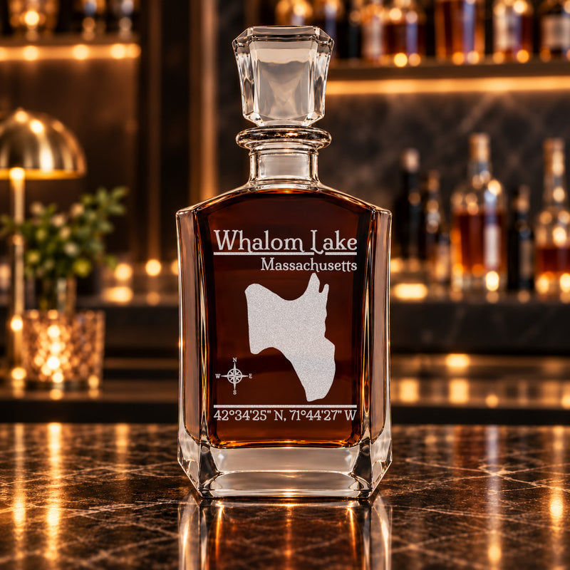 Whalom Lake Massachusetts Classic engraved six-sided whiskey decanter - decanter alone