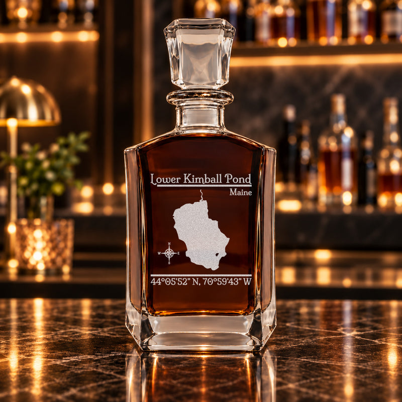 Lower Kimball Pond Maine Classic engraved six-sided whiskey decanter - decanter alone
