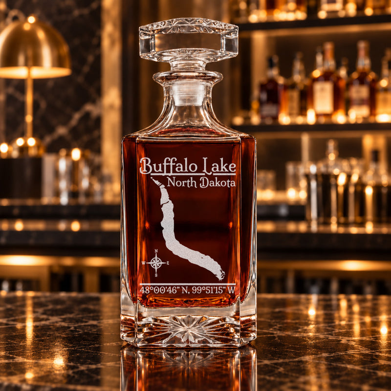 Buffalo Lake North Dakota Classic engraved square whiskey decanter - decanter alone
