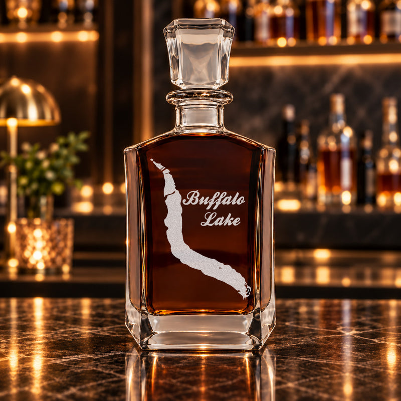 Buffalo Lake North Dakota Minimalist engraved six-sided whiskey decanter - decanter alone