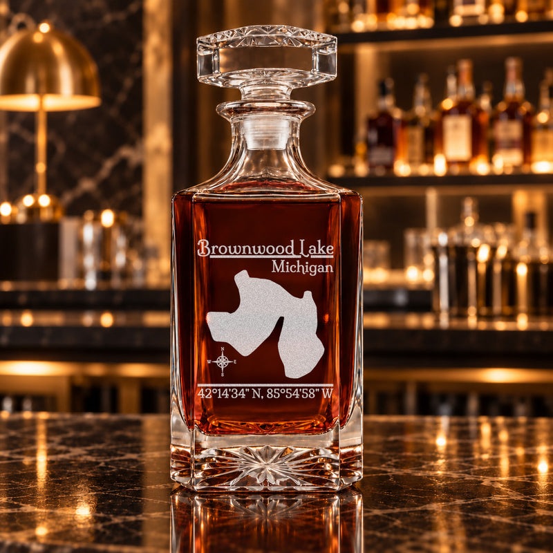 Brownwood Lake Michigan Classic engraved square whiskey decanter - decanter alone