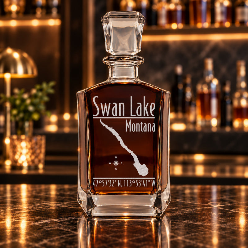 Swan Lake Montana Modern engraved six-sided whiskey decanter - decanter alone