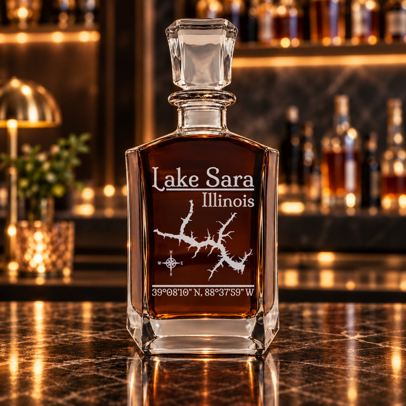 Lake Sara Illinois Classic engraved six-sided whiskey decanter - decanter alone