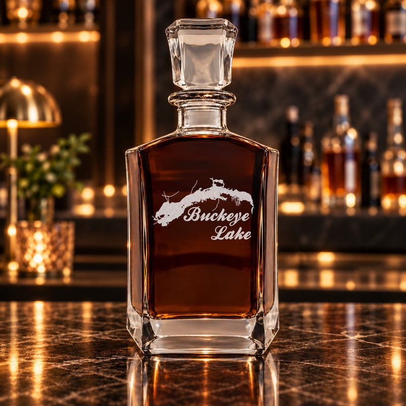 Buckeye Lake Ohio Minimalist engraved six-sided whiskey decanter - decanter alone