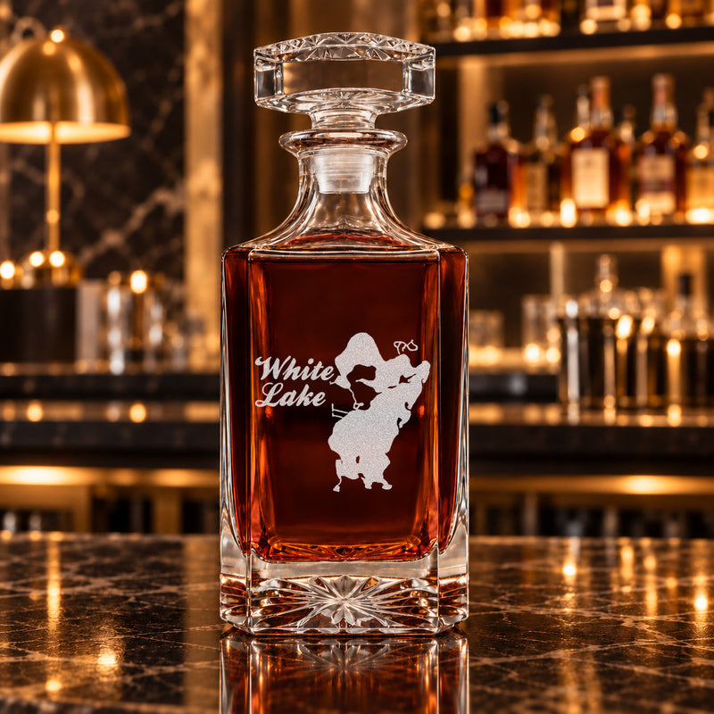 White Lake Michigan Minimalist engraved square whiskey decanter - decanter alone