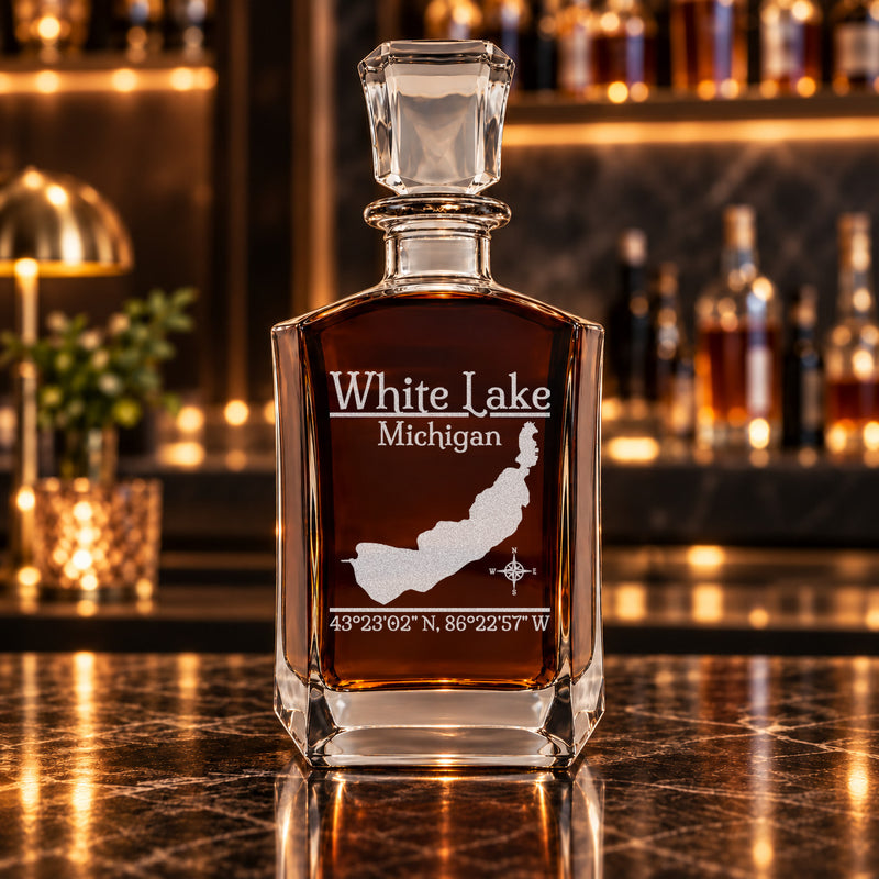 White Lake Michigan Classic engraved six-sided whiskey decanter - decanter alone