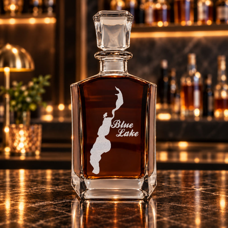 Blue Lake Minnesota Minimalist engraved six-sided whiskey decanter - decanter alone