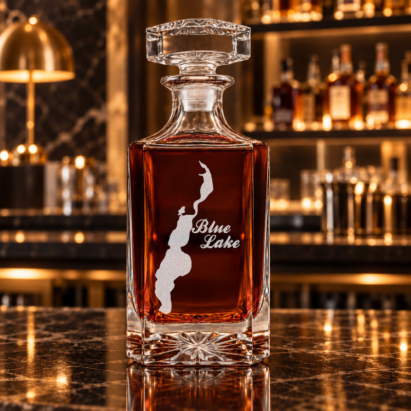 Blue Lake Minnesota Minimalist engraved square whiskey decanter - decanter alone