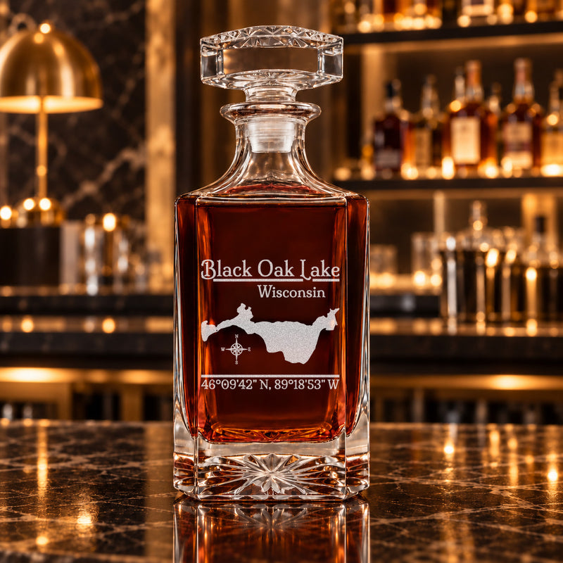 Black Oak Lake Wisconsin Classic engraved square whiskey decanter - decanter alone