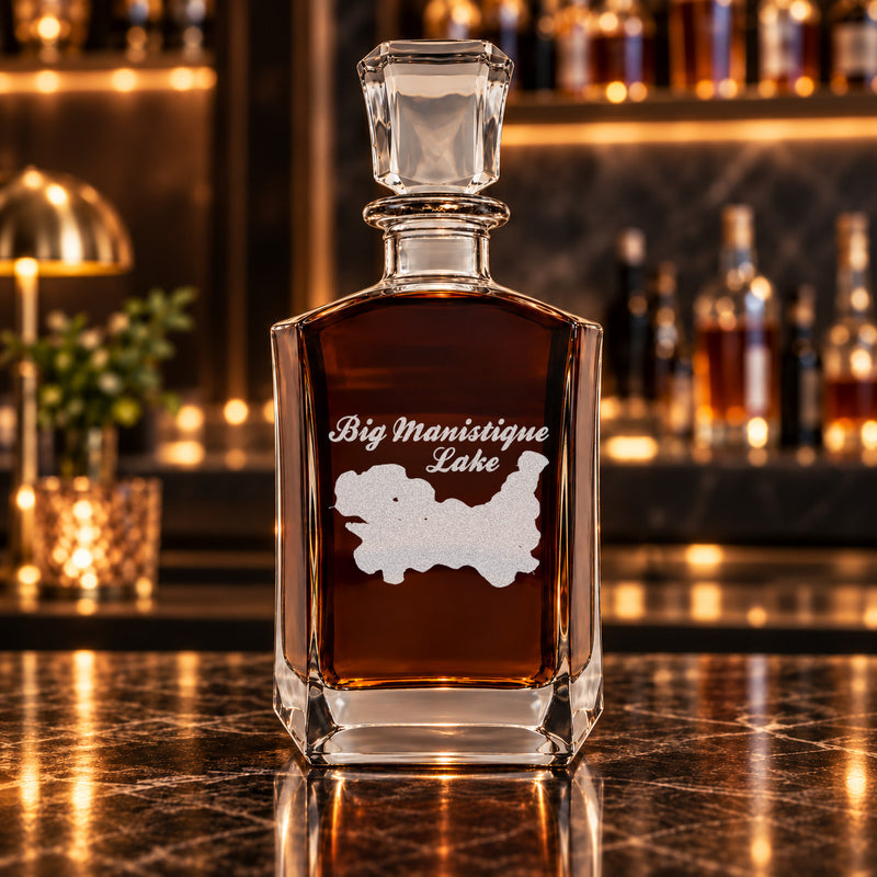 Big Manistique Lake Michigan Minimalist engraved six-sided whiskey decanter - decanter alone