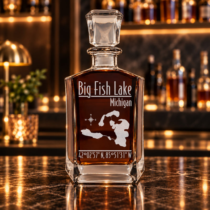 Big Fish Lake Michigan Modern engraved six-sided whiskey decanter - decanter alone