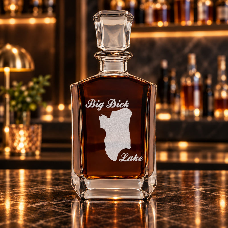 Big Dick Lake Minnesota Minimalist engraved six-sided whiskey decanter - decanter alone