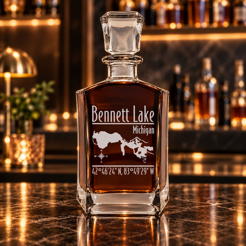 Bennett Lake Michigan Modern engraved six-sided whiskey decanter - decanter alone