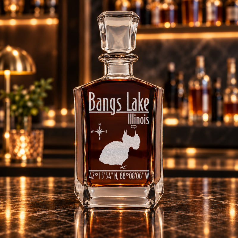 Bangs Lake Illinois Modern engraved six-sided whiskey decanter - decanter alone