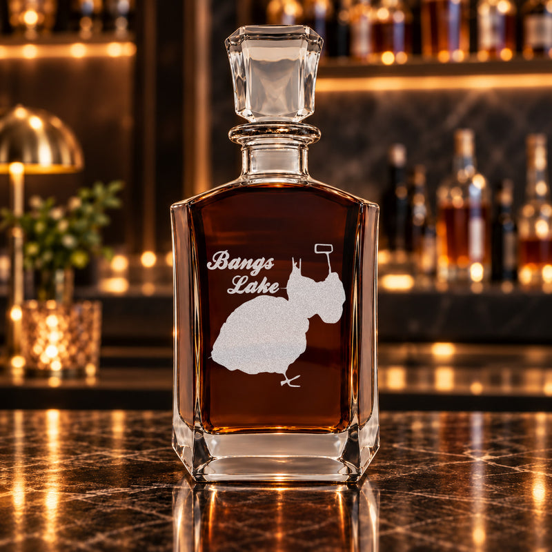 Bangs Lake Illinois Minimalist engraved six-sided whiskey decanter - decanter alone