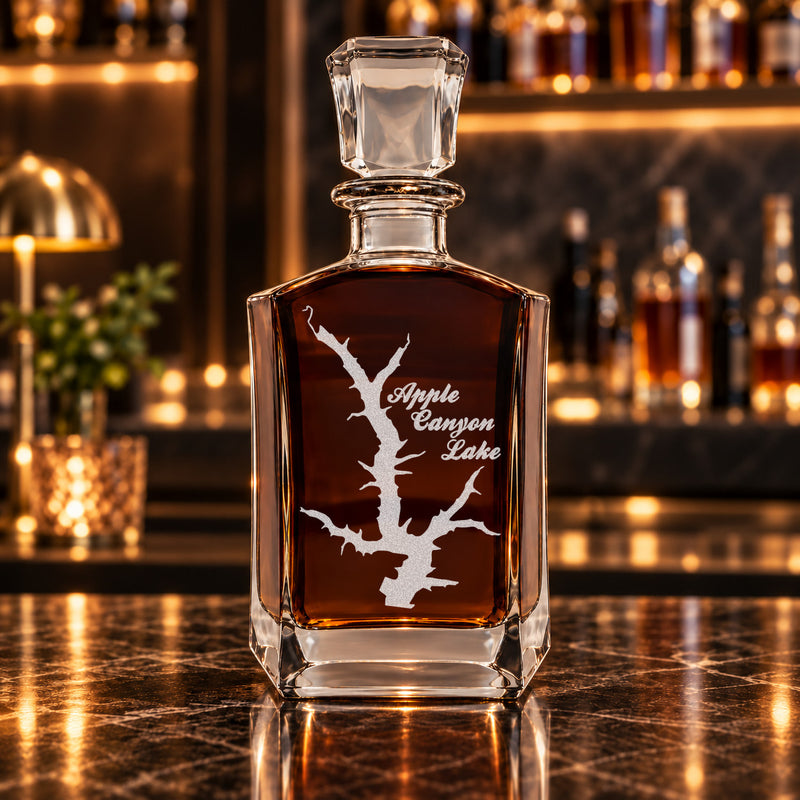 Apple Canyon Lake Illinois Minimalist engraved six-sided whiskey decanter - decanter alone