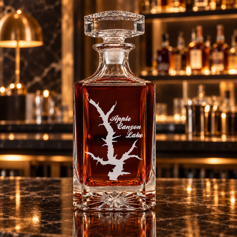 Apple Canyon Lake Illinois Minimalist engraved square whiskey decanter - decanter alone