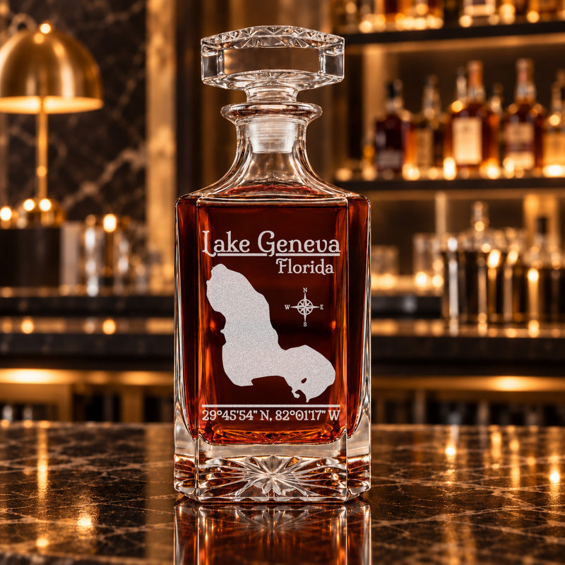 Lake Geneva Florida Classic engraved square whiskey decanter - decanter alone