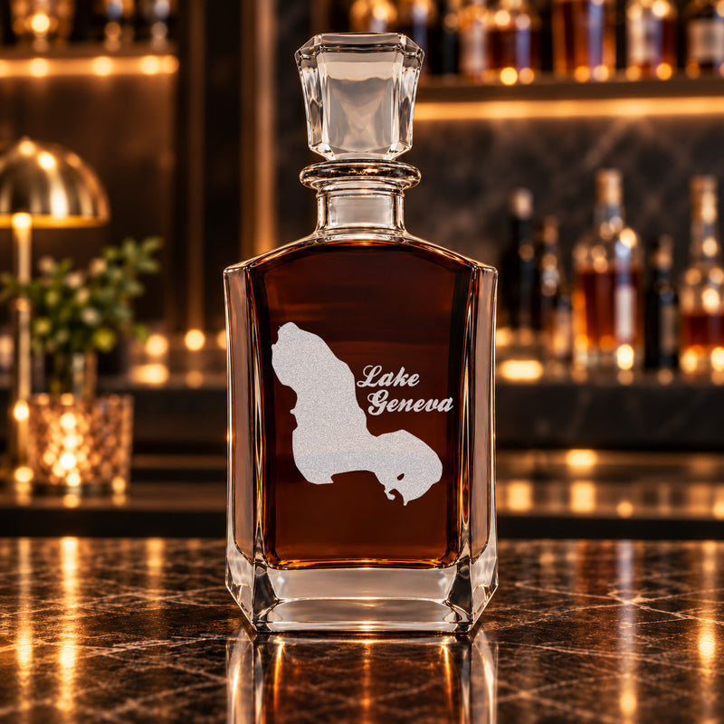 Lake Geneva Florida Minimalist engraved six-sided whiskey decanter - decanter alone
