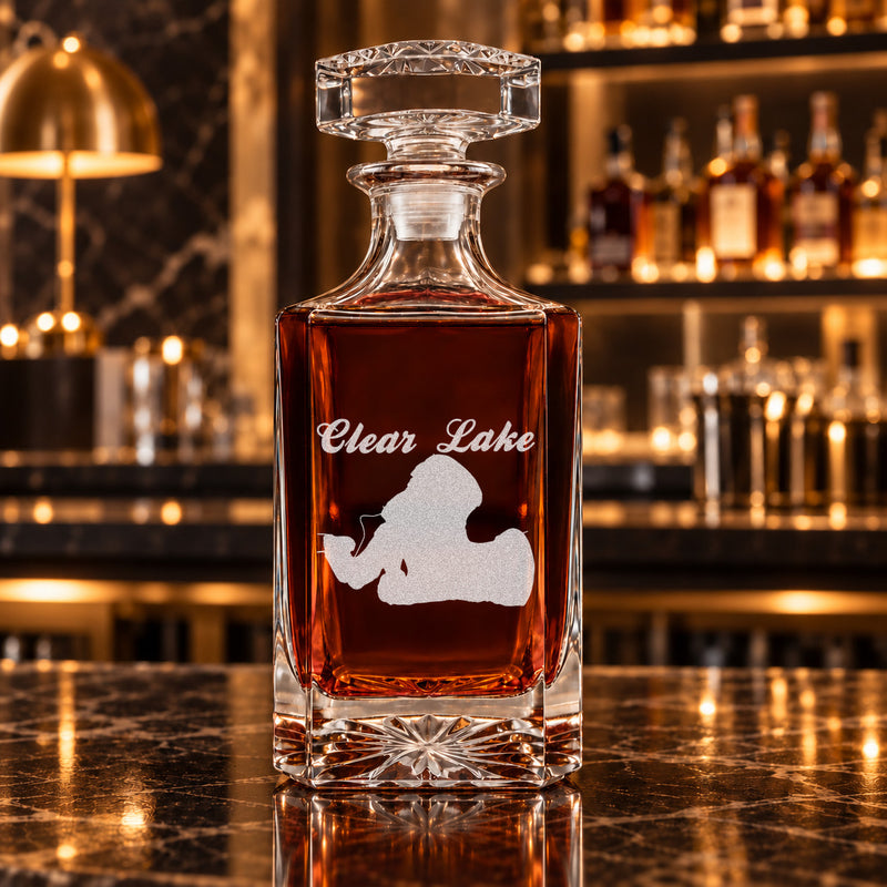 Clear Lake Indiana Minimalist engraved square whiskey decanter - decanter alone