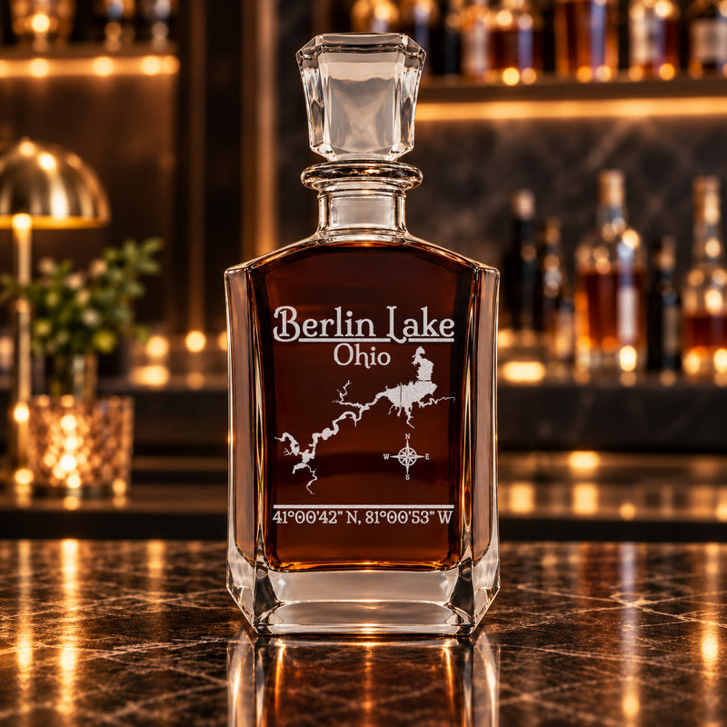 Berlin Lake Ohio Classic engraved six-sided whiskey decanter - decanter alone